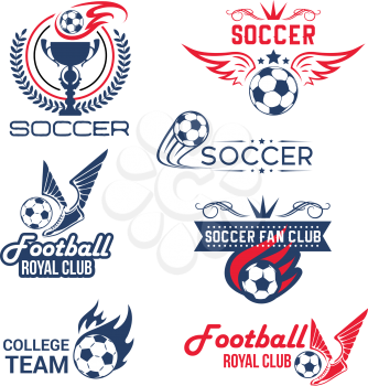 Soccer club or football tournament and championship icons set. Vector isolated goal gates, soccer ball flying with spread wings and winner cup goblet for football league fan club or sport game contest