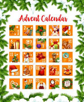 Christmas Advent month calendar of December days till 25 eve. Vector design of Christmas season symbols and decorations, New Year Santa present gift, golden bell and star or wreath on tree