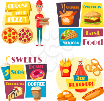 Fast food posters of pizza boy delivery, burger or sandwich and hot dog snack. Vector flat design cheeseburger, hamburger or popcorn combo and ice cream dessert or Mexican burrito