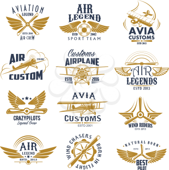 Aviation retro icons set of aircraft propeller and wings for avia customs and pilot legend team labels. Vector isolated badges of vintage airscrew for wind chasers and airplane riders sport crew