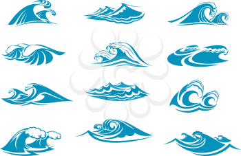 Water waves splashes icons set. Vector isolated ocean or sea wave tide with foam or froth drops, blue water storm ripple flow or wind surf gale swirls and marine streams
