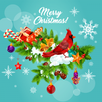 Merry Christmas wish greeting card for winter holidays design of wreath and snowflakes. Vector Christmas tree decoration of golden bells and cardinal bird on Santa gift presents for New Year season