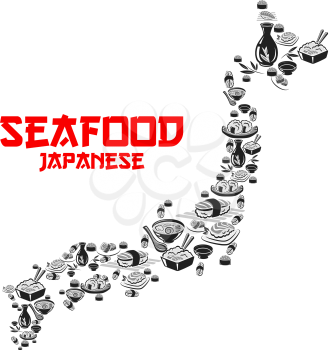 Japanese seafood cuisine or sushi bar icon template in shape of Japan map. Vector design of sashimi and sushi rolls, salmon fish and shrimp, rice and ramen noodles or chopsticks for Asian restaurant