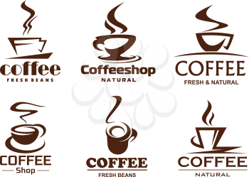 Coffee cups line icons for cafeteria, cafe or coffeeshop and coffehouse design template. Vector isolated symbols of hot steam cup with strong espresso or latte macchiato and americano or cappuccino
