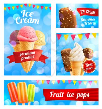 Ice cream cafe poster or advertising banner template for shop or gelateria cafeteria. Vector 3D ice cream sweet dessert of fruit frozen juice ice, berry taste sundae in chocolate glaze and ribbon flag