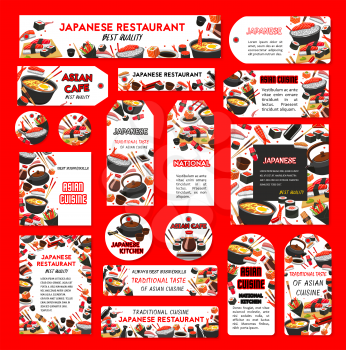 Sushi restaurant or Japanese cuisine bar banners, posters or tags template. Vector fish sushi rolls, rice and salmon tobiko, eel or tuna sashimi and ramen noodles soup, Japanese tea and chopsticks