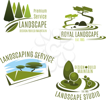 Green landscape design service and gardening company icons templates. Vector symbols set of green nature tress and park garden or woodland plantations for horticulture association