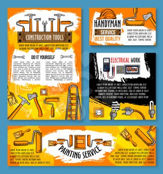Home repair and home renovation poster template of handyman work tools for interior finishing and painting. Vector sketch carpentry hammer, drill and electrical fuse or socket plug and screwdriver