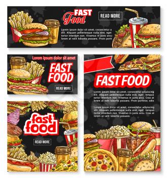 Fast food burgers, drinks and desserts poster and web banner templates. Vector sketch cheeseburger or hamburger and hot dog fastfood sandwich, donut cake and coffee or soda drink and pizza