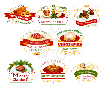 Christmas cuisine festive dinner dishes badge. Xmas pudding, turkey and fruit cake, grilled fish, sausage in bacon, chocolate log and nut dessert isolated symbol with ribbon banner, star and candle