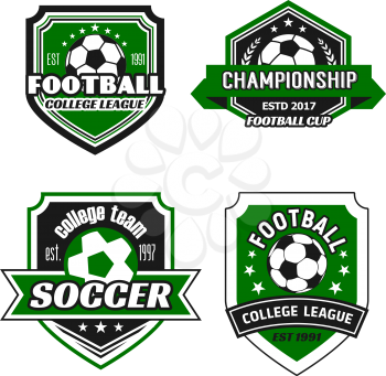 Soccer college league or soccer sport club icon templates. Vector set of football ball, winner cup laurel wreath and stars on green shield badge for soccer championship or football game