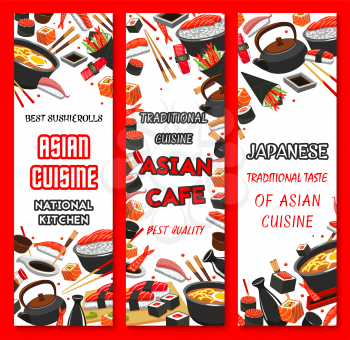 Japanese sushi restaurant banners for menu or sushi bar design template. Vector Asian cuisine sushi roll and chopsticks, seafood soup and ramen noodles, salmon or tuna sashimi and tempura shrimp