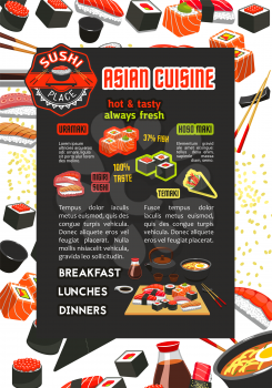 Asian cuisine or sushi bar Japanese restaurant poster for menu template. Vector design of noodle or seafood rice and ramen noodles, chopsticks or soy and sushi rolls or salon sashimi and tuna unagi