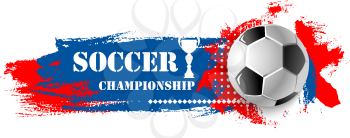 Soccer championship icon or football tournament banner template for sport game. Vector design of flying soccer ball for victory goal on red, blue and white color background