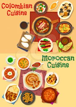 Colombian and moroccan cuisine icon set. Seafood and meat stew with bean, chicken soup, tomato onion sauce, shrimp rice, eggplant vegetable salad, fried pork, chicken and lamb, milk cake and fig pie
