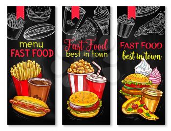 Fast food restaurant banner set with chalkboard menu. Fast food lunch chalk sketches on blackboard with hamburger, french fries, soda, hot dog, pizza, coffee, ice cream cone and popcorn