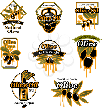 Olive oil premium product trademark label set. Olive tree branch with black fruit, oil drop and green leaf badges, decorated by ribbon banner for olive oil bottle or can label design