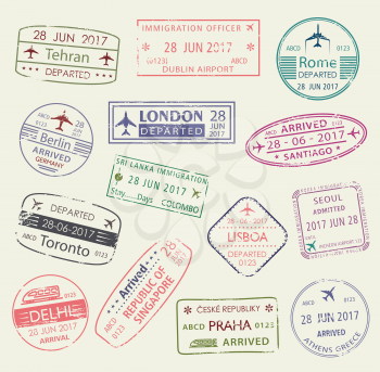 Passport stamp of travel visa isolated set. Italy, Greece, Germany, UK, India, Canada, Portugal and Korea country visa of arrival and departure passport stamp. Tourism, immigration themes design