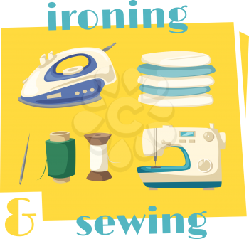 Ironing and sewing household chores cartoon icon. Steam iron with pile of ironed laundry and sewing machine with sewing thread spool and needle for housework and home appliances themes design