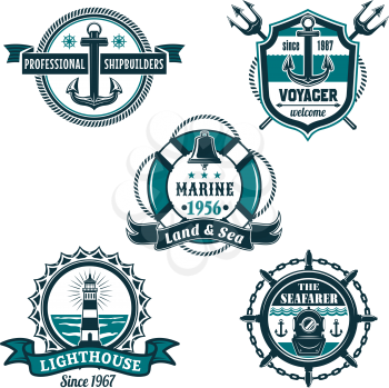 Nautical retro badge set. Sea anchor, ships bell, lighthouse and vintage diving helmet, framed by helm, rope, chain, lifebuoy and heraldic shield with ribbon banner for marine themes design