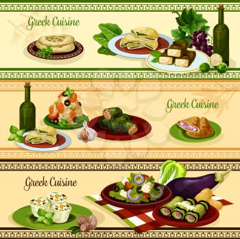Greek cuisine restaurant menu banner set. Tomato cheese vegetable salad with olives, meat and spinach pie, seafood rice, pita bread with olive oil and spices, cabbage and grape dolma, eggplant roll