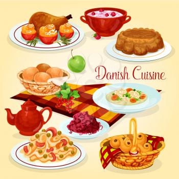 Danish cuisine healthy lunch dishes cartoon icon. Fish pasta and red cabbage salad, rice pudding with cherry sauce, chicken with stuffed tomato, chicken vegetable soup, nut pie, raisins bun