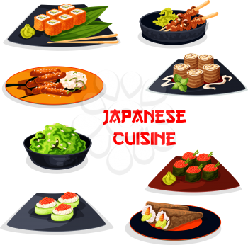 Japanese cuisine seafood sushi and meat dishes icon. Sushi roll and temaki with fish, shrimp, seaweed, cucumber and caviar, teriyaki pork with rice, grilled chicken yakitori, sweet pancake roll