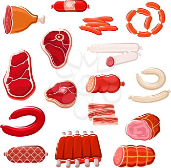 Fresh meat cut and sausage healthy food icon set. Beef steak, ham, bacon slice, pork ribs, salami, frankfurter, lamb roast and pepperoni sausage isolated symbol for meat store and butcher shop design