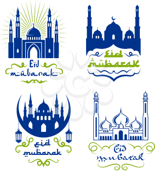 Ramadan lantern with mosque isolated icon set. Muslim religion holiday symbols of mosque, arabian lamp and crescent moon with wishes of Eid Mubarak for Ramadan Kareem greeting card design