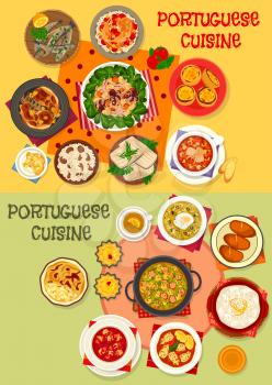 Portuguese cuisine seafood menu icon set. Grilled fish with cream sauce, fish tomato and vegetable sausage soup, octopus bean salad, chicken stew, custard cake, stuffed squid, rice and cream dessert