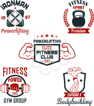 Fitness sport club and gym badge set. Healthy and strong bodybuilder, dumbbell, barbell and kettlebell icon with heraldic shield, wreath, ribbon banner, star for fitness and powerlifting sport design