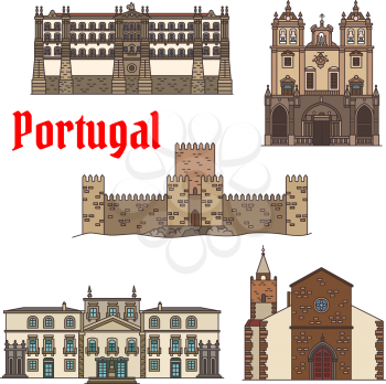 Travel sight of portuguese architecture icon set with linear Santa Clara Convent, Roman Catholic Funchal Cathedral, ancient castle with tower , Cathedral of Braga, Residence of Biscainhos symbols