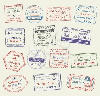 Passport stamp set. Travel visa passport control and immigration office stamp of China, Japan, India, Russia, Australia, Africa and New Zealand countries. Tourism, vacation and business trip design