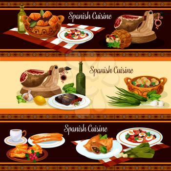 Spanish cuisine traditional meal restaurant menu banner set. Iberian ham, vegetable sausage stew, beef steak with vegetable sauce, fish pie, tuna potato stew, lamb pie, almond soup, cookie churros