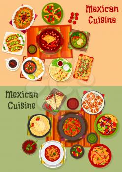 Mexican cuisine national dinner icon set. Meat taco, corn nacho with salsa and guacamole sauce, grilled chicken burrito and beef, vegetable bean salad and stew, chili chicken, tomato soup, sweet bread