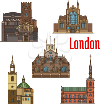 London travel landmark of british religious architecture thin line icon set. Anglican St James Church, St Johns Church, Priory Church of St Bartholomew, St Stephen Walbrook, Southwark Cathedral
