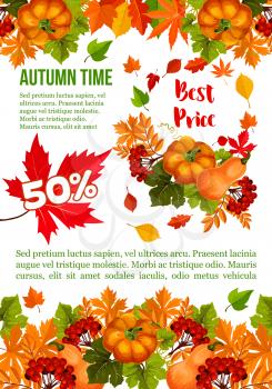 Autumn sale banner template for Thanksgiving Day special offer. Autumn harvest pumpkin vegetable, fall season leaf, maple tree foliage, rowanberry fruit branch for retail promotion poster design
