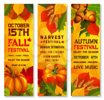 Autumn harvest festival banner set with orange pumpkin and leaves. Fall season fest poster of yellow leaf, pumpkin vegetable, acorn branch, ripe wheat, maple foliage for Thanksgiving holiday design