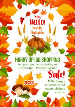 Autumn sale poster template with fall season leaf frame. Autumn harvest pumpkin vegetable, forest mushroom and wheat banner, edged with yellow and orange foliage, fall seasonal retail promotion design