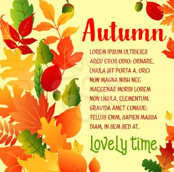 Autumn Lovely Time poster of leaf fall, oak acorns or maple foliage and aspen, rowan and elm tree falling leaves. Vector design template for autumn seasonal happy holiday greeting card