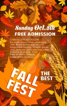 Fall harvest festival banner with autumn leaf on wooden background. Orange maple leaf, red foliage of forest tree, acorn branch and wheat ear poster with text layout for autumn fest invitation design