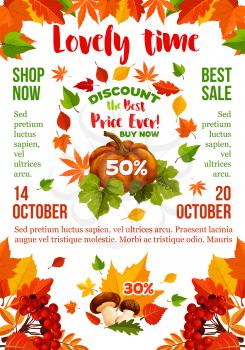 Sale banner with autumn leaf and fall season pumpkin. Discount price offer poster template, framed by orange maple leaves, forest tree foliage, pumpkin vegetable, mushroom and rowanberry branches