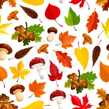 Autumn leaf and mushroom seamless pattern background. Fall season yellow maple leaf, red chestnut tree foliage, acorn branch, forest mushroom of chanterelle, fly agaric for autumn nature themes design
