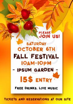 Fall festival banner for autumn harvest fest template. Fallen leaves of orange maple and chestnut tree foliage with briar fruit branch and text layout for Harvest Festival, Autumn Party poster design