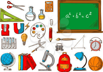 School supplies, learning tool sketches. Pencil, ruler and book, scissor, bag, sharpener, calculator and notebook, paint and globe, classroom chalkboard, backpack and brush tube and microscope
