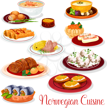 Norwegian cuisine national dishes of salmon potato pie, lamb cabbage stew, fish and mushroom cream soup, herring roll, pike roe toast, waffle and stuffed cucumber with fish pate