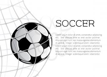 Soccer ball in the net of football gate on white background. Goal ball symbol for sport game banner, sporting equipment and soccer competition themes design