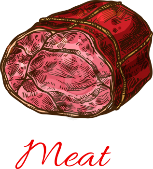 Beef meat roll isolated sketch. Baked beef sirloin steak stuffed with herb, spice and tied up with strings for butchery shop label, restaurant grill menu and barbeque party design