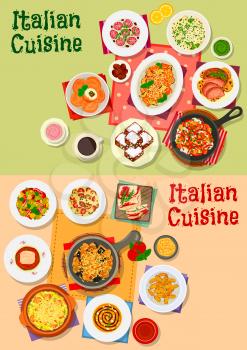 Italian cuisine dishes, soups and salads. Traditional pasta served with tomato, olive, cheese and meat, salad, lamb and fish, soup, potato dumpling, rice ball, eggplant snack, nut and honey cake