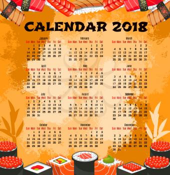 Calendar template of japanese cuisine sushi. Calendar with seafood roll and nigiri sushi with salmon fish, rice, tuna, shrimp, seaweed, wasabi and avocado for japanese food themes design